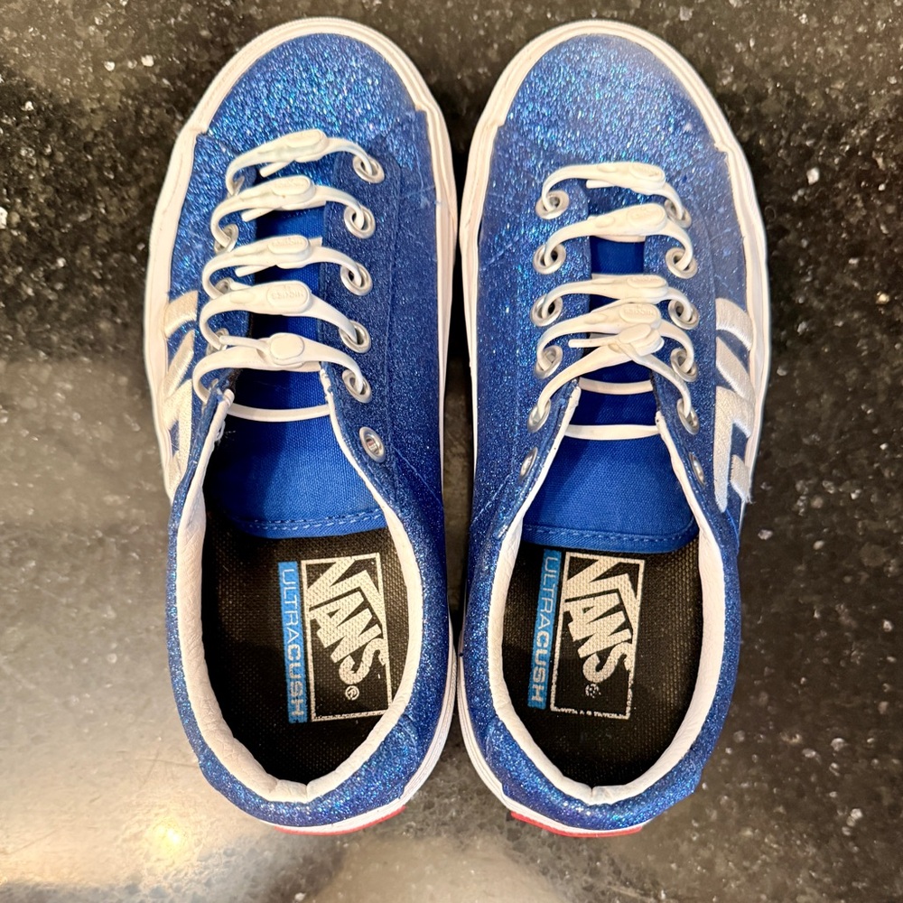 Vans Blue Glitter Low Top Sneakers with White Accents